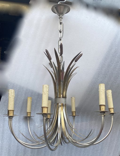 1950/70' Paire d'Appliques + Lustre en Bronze Doré Et Argenté Aux Roseaux Signés Maison Charles – Image 13
