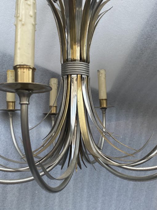 1950/70' Paire d'Appliques + Lustre en Bronze Doré Et Argenté Aux Roseaux Signés Maison Charles – Image 12