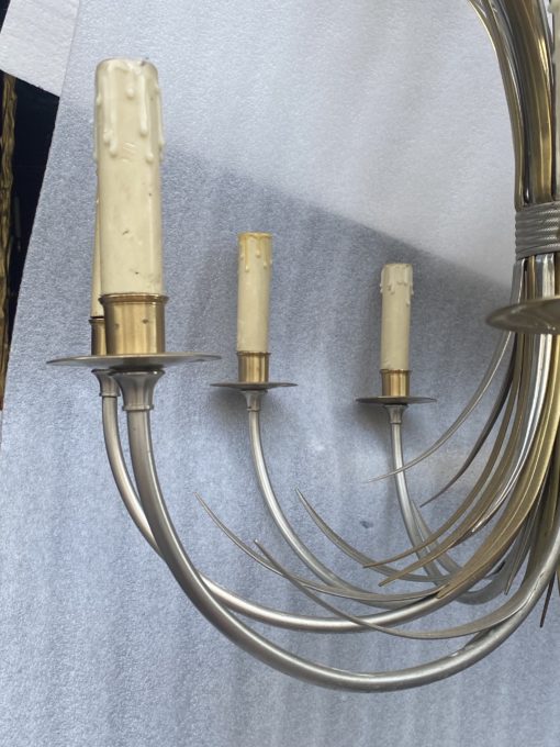 1950/70' Paire d'Appliques + Lustre en Bronze Doré Et Argenté Aux Roseaux Signés Maison Charles – Image 11