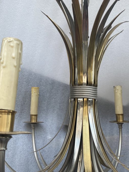 1950/70' Paire d'Appliques + Lustre en Bronze Doré Et Argenté Aux Roseaux Signés Maison Charles – Image 10