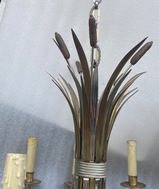 1950/70' Paire d'Appliques + Lustre en Bronze Doré Et Argenté Aux Roseaux Signés Maison Charles – Image 9