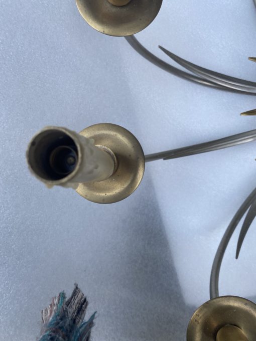 1950/70' Paire d'Appliques + Lustre en Bronze Doré Et Argenté Aux Roseaux Signés Maison Charles – Image 2