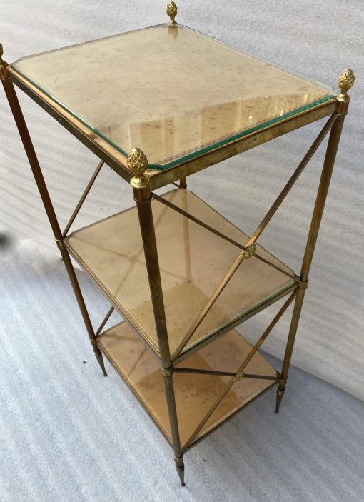 1970 ′ 3 Tier Brass Shelf Maison Baguès Patinated Leather Wood Trays 32 X 40 H 86 cm