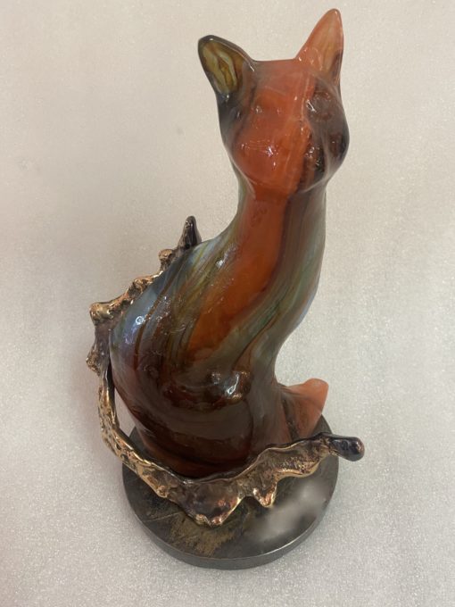 1970/80 Cat In Bronze And Glass Pate, Sculpture Signed LOHE