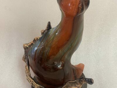 1970/80 Cat In Bronze And Glass Pate, Sculpture Signed LOHE