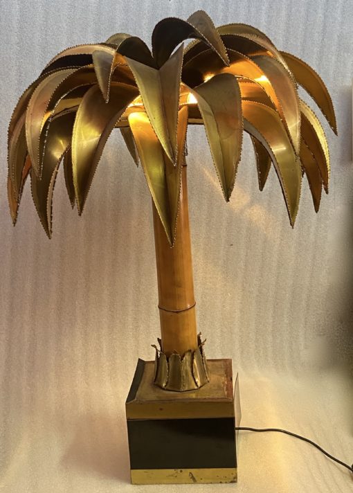 1970' Lampadaire Palmier, En Laiton Et Bambou Maison Jansen 1 Tête Style Brutaliste H 92 cm