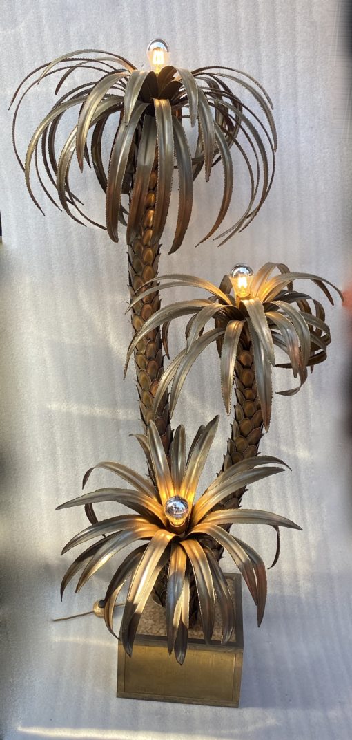 1970' Lampadaire Palmier en Laiton Et fer Patiné Maison Jansen 3 Têtes Style Brutaliste H 170 cm