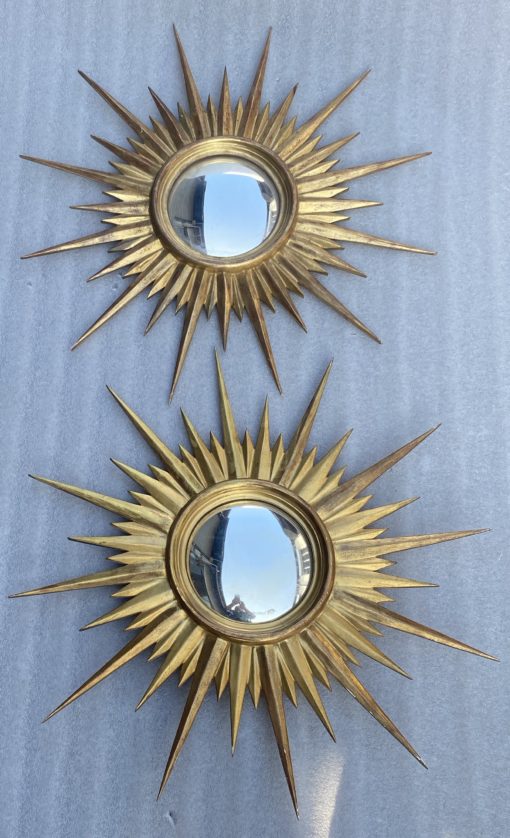 1950' Pair Of Convex Sun Mirrors, Golden Wood 67 cm