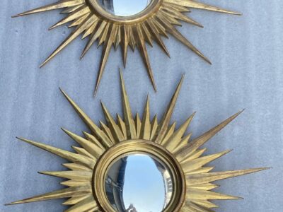 1950' Pair Of Convex Sun Mirrors, Golden Wood 67 cm