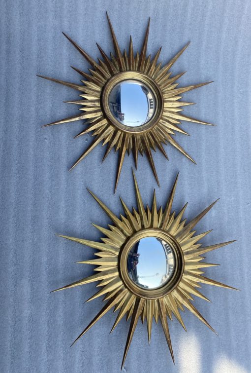 1950' Pair Of Convex Sun Mirrors, Golden Wood 67 cm - Image 6