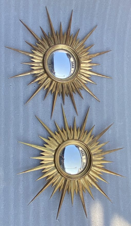 1950' Pair Of Convex Sun Mirrors, Golden Wood 67 cm - Image 5