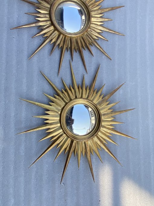 1950' Pair Of Convex Sun Mirrors, Golden Wood 67 cm - Image 4