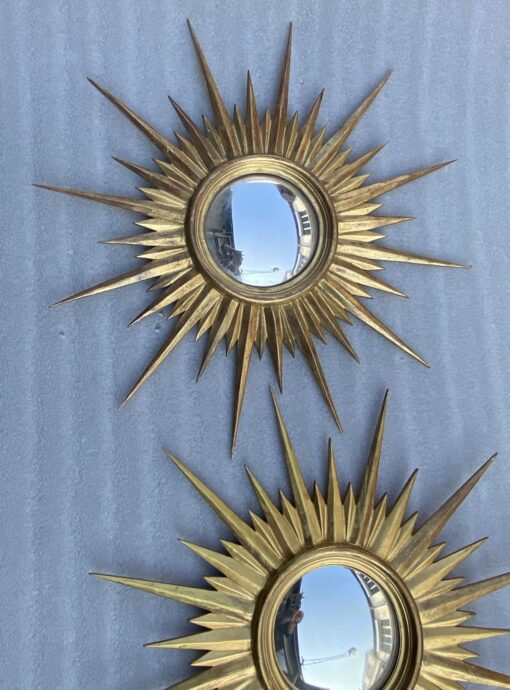 1950' Pair Of Convex Sun Mirrors, Golden Wood 67 cm - Image 3