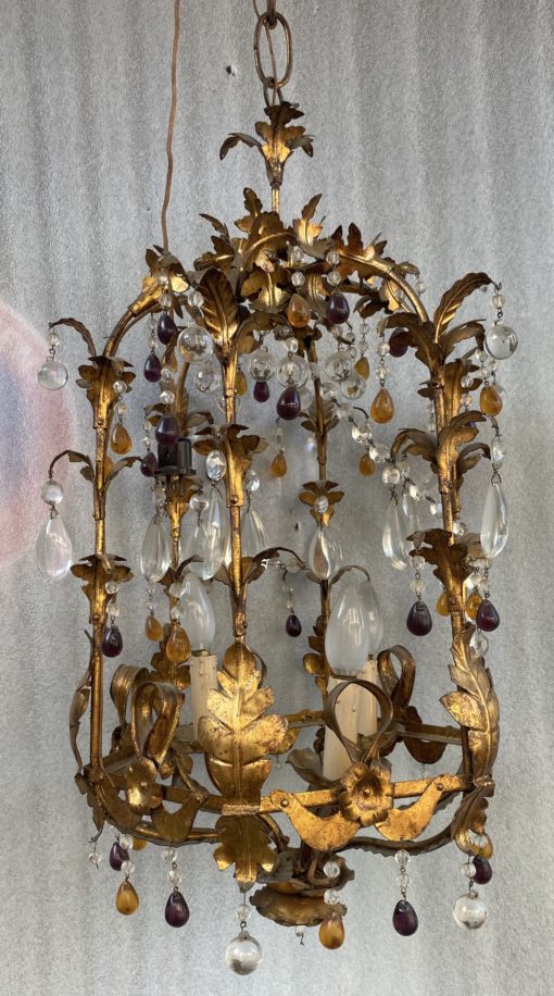 1970' Lanterne Italienne En Fer Doré Avec Pampilles En Verre Coloré H 80 cm – Image 15
