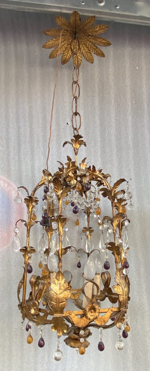 1970' Lanterne Italienne En Fer Doré Avec Pampilles En Verre Coloré H 80 cm – Image 14