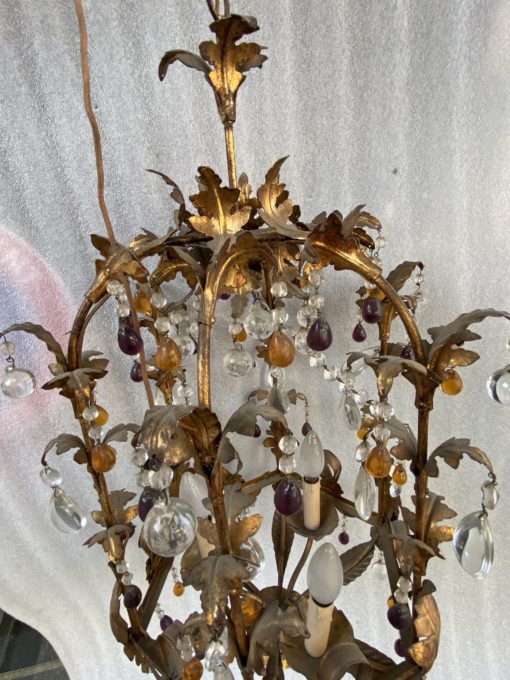 1970' Lanterne Italienne En Fer Doré Avec Pampilles En Verre Coloré H 80 cm – Image 13