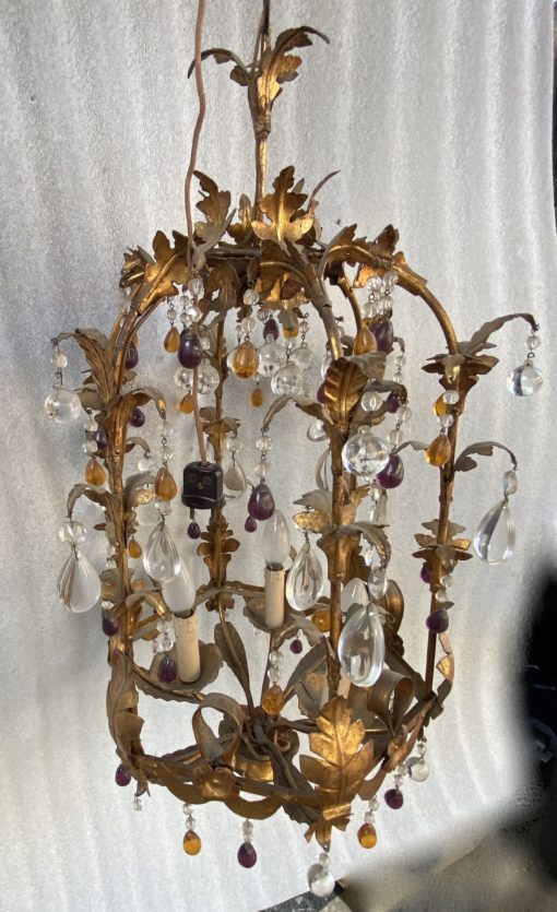 1970' Lanterne Italienne En Fer Doré Avec Pampilles En Verre Coloré H 80 cm