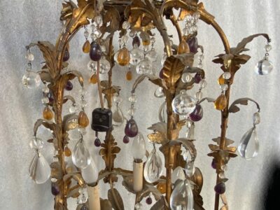 1970' Italian Lantern In Golden Iron With Colored Glass Pendants H 80 cm