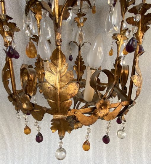 1970' Lanterne Italienne En Fer Doré Avec Pampilles En Verre Coloré H 80 cm – Image 11