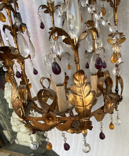 1970' Lanterne Italienne En Fer Doré Avec Pampilles En Verre Coloré H 80 cm – Image 9