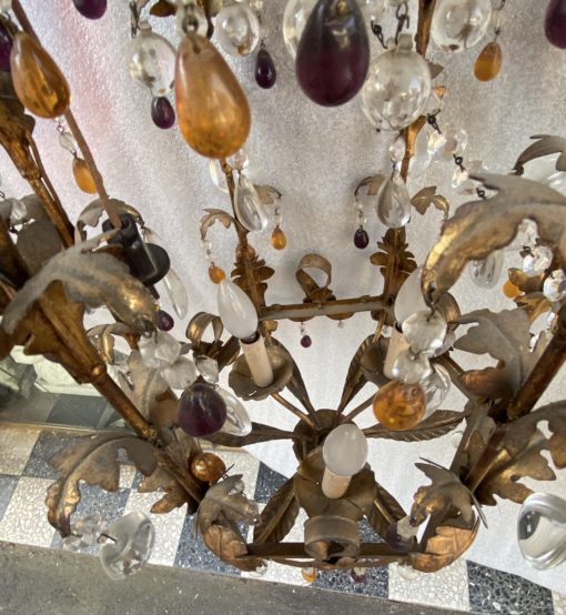 1970' Lanterne Italienne En Fer Doré Avec Pampilles En Verre Coloré H 80 cm – Image 10