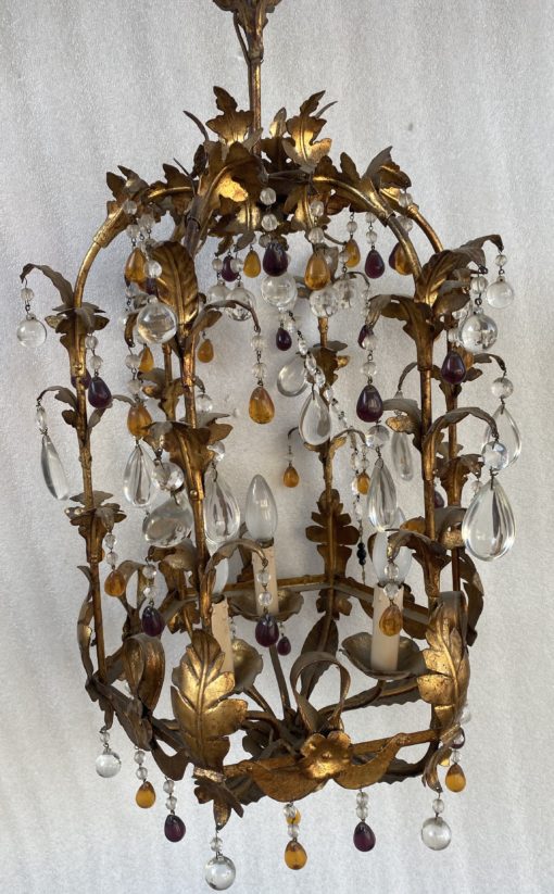 1970' Lanterne Italienne En Fer Doré Avec Pampilles En Verre Coloré H 80 cm – Image 7