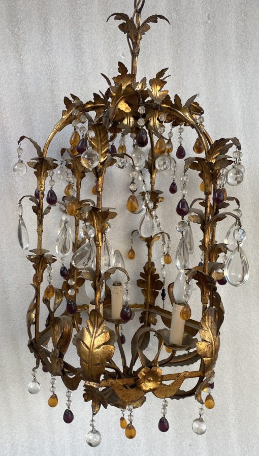 1970' Lanterne Italienne En Fer Doré Avec Pampilles En Verre Coloré H 80 cm – Image 6