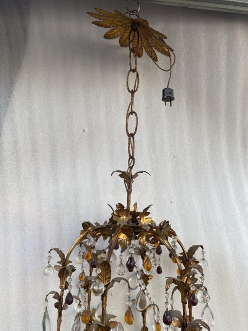 1970' Lanterne Italienne En Fer Doré Avec Pampilles En Verre Coloré H 80 cm – Image 5