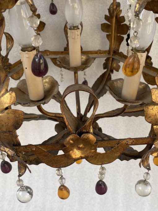 1970' Lanterne Italienne En Fer Doré Avec Pampilles En Verre Coloré H 80 cm – Image 2