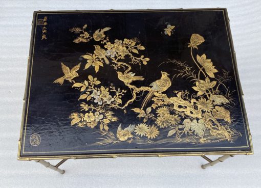 1950′ Table Maison Baguès Or Maison Jansen Bamboo Decor In Gilt Bronze With Chinese Lacquer Top With Birds And Flowers 42 X 56 X H 45 CM - Image 16
