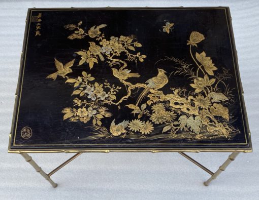 1950′ Table Maison Baguès Or Maison Jansen Bamboo Decor In Gilt Bronze With Chinese Lacquer Top With Birds And Flowers 42 X 56 X H 45 CM - Image 13