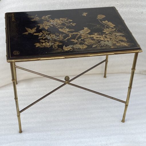 1950′ Table Maison Baguès Or Maison Jansen Bamboo Decor In Gilt Bronze With Chinese Lacquer Top With Birds And Flowers 42 X 56 X H 45 CM - Image 12