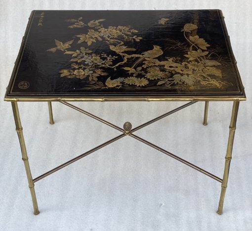 1950′ Table Maison Baguès Or Maison Jansen Bamboo Decor In Gilt Bronze With Chinese Lacquer Top With Birds And Flowers 42 X 56 X H 45 CM