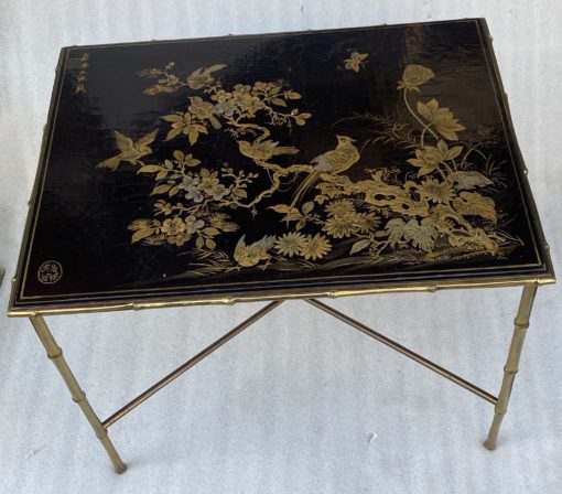 1950′ Table Maison Baguès Or Maison Jansen Bamboo Decor In Gilt Bronze With Chinese Lacquer Top With Birds And Flowers 42 X 56 X H 45 CM - Image 10