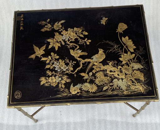 1950′ Table Maison Baguès Or Maison Jansen Bamboo Decor In Gilt Bronze With Chinese Lacquer Top With Birds And Flowers 42 X 56 X H 45 CM - Image 2