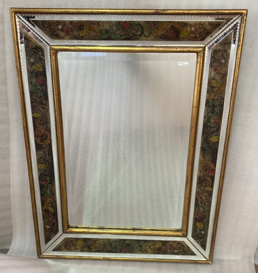 1970' Miroir Eglomisé Decor Fleurs Et Bois Doré 73 X 97 cm