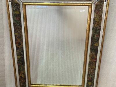 1970' Eglomised Mirror Decor Flowers And Golden Wood Frame 73 X 97 cm