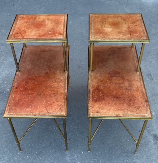 1970′ Paire De Tables à Étage En Bronze Patiné Gainées De Cuir Maison Jansen 71 X 36 cm – Image 5