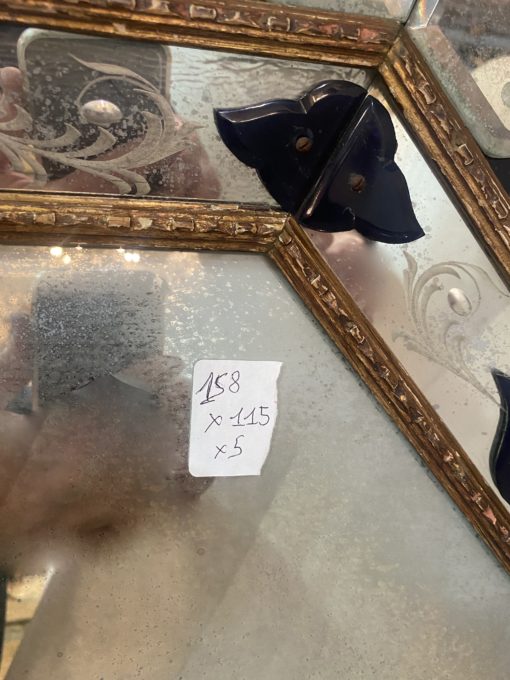 1970/80 Venice Octagonal Mirror Style Louis 14 Pareclose Golden Wood With Ornaments In Blue Glass And Oxidized Mirrors 158 X 115 cm - Image 7