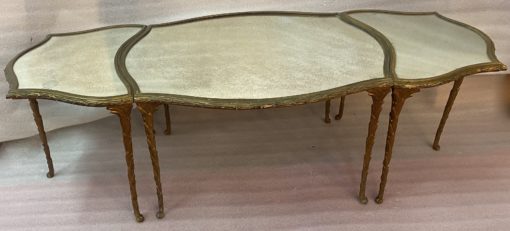 1970′ Maison Charles Tripartite Table Crossbow Shape, Jansen Or Baguès Palm Tree Decor In Gilt Bronze With Aged Mirror Trays