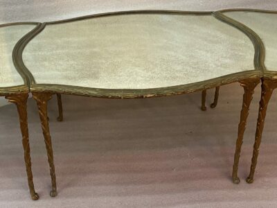 1970′ Maison Charles Tripartite Table Crossbow Shape, Jansen Or Baguès Palm Tree Decor In Gilt Bronze With Aged Mirror Trays