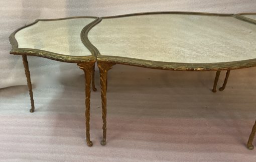 1970′ Maison Charles Tripartite Table Crossbow Shape, Jansen Or Baguès Palm Tree Decor In Gilt Bronze With Aged Mirror Trays - Image 10