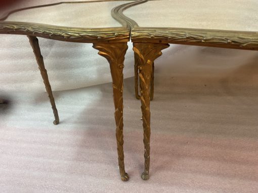 1970′ Maison Charles Tripartite Table Crossbow Shape, Jansen Or Baguès Palm Tree Decor In Gilt Bronze With Aged Mirror Trays - Image 8