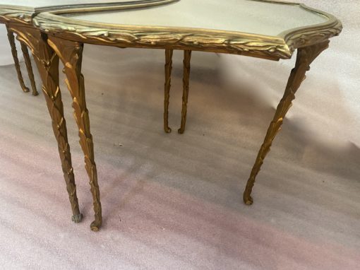 1970′ Maison Charles Tripartite Table Crossbow Shape, Jansen Or Baguès Palm Tree Decor In Gilt Bronze With Aged Mirror Trays - Image 6