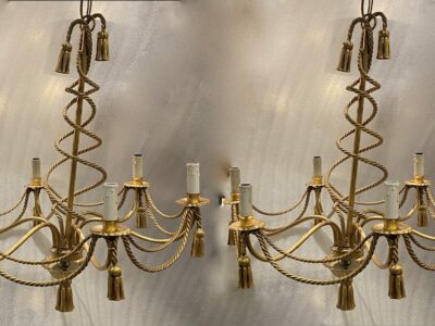 1950-70′ Pair of Golden Iron Chandeliers DLG Maison Bagués Decor Trimmings