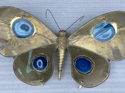 1970′ Table Basse Papillon Éclairante Agates Bleues DLG de Duval Brasseur ou Isabelle Faure Ou Fernandez Pour Honoré de Paris 110 X 63 cm