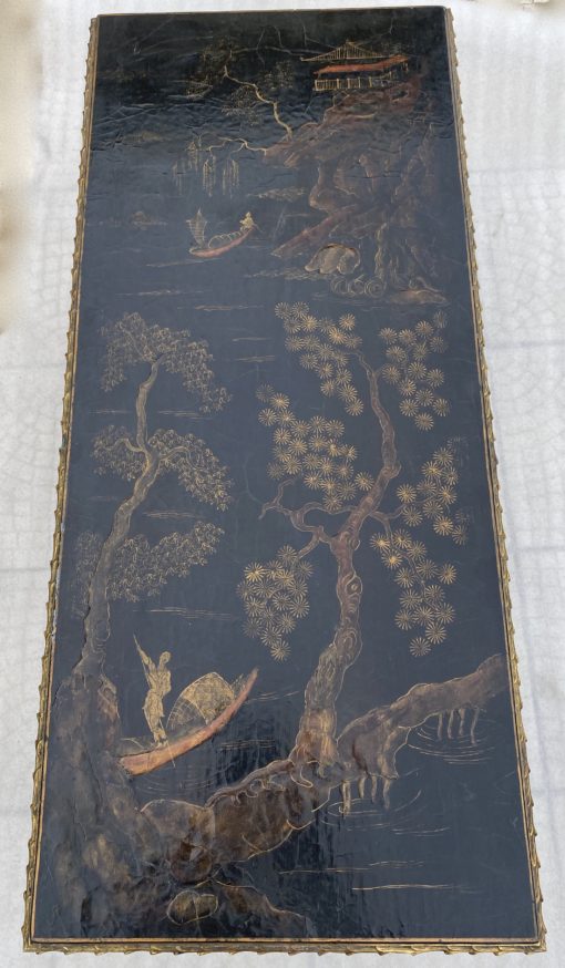 1970′ Table Basse Bronze Doré Style Baguès Decor Palmier Laque de Chine 107,5 x 47 x H 41,5 cm