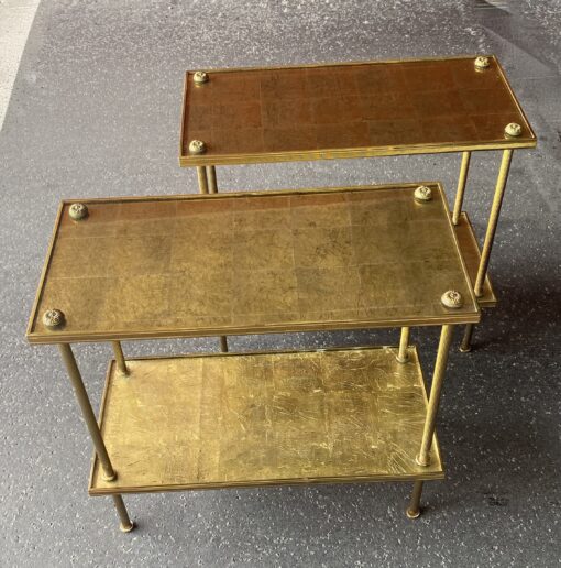 1950/70′ Pair Of Rectangular Side Tables Maison Baguès Brass And Bronze Trays Gold Leaves Fixed Under Glass 61 X 31cm - Image 12