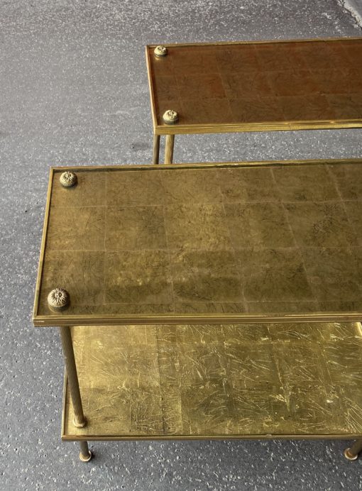 1950/70′ Pair Of Rectangular Side Tables Maison Baguès Brass And Bronze Trays Gold Leaves Fixed Under Glass 61 X 31cm - Image 11