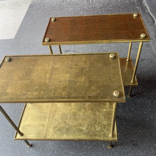 1950/70′ Pair Of Rectangular Side Tables Maison Baguès Brass And Bronze Trays Gold Leaves Fixed Under Glass 61 X 31cm - Image 10